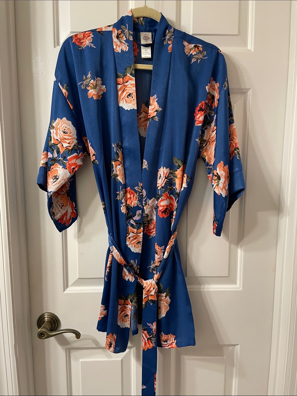 Blue Floral Satin Kimono Robe with Peach Rose Print